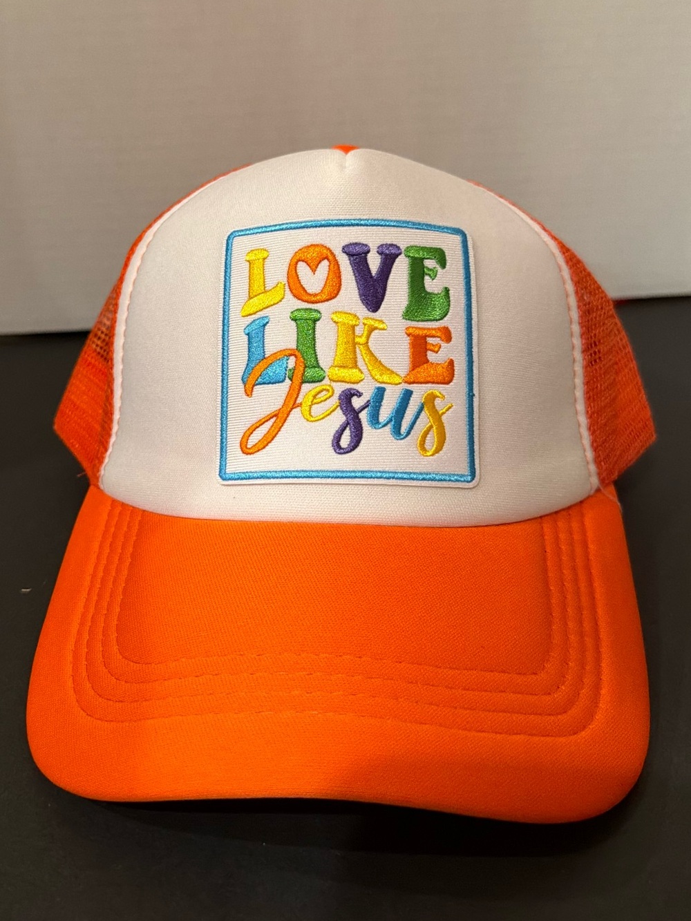 Orange and White 'Love Like Jesus' Trucker Hat. Custom. New
